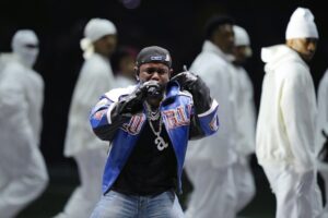 Kendrick Lamar performs during halftime of the NFL Super Bowl 59 football game between the Kansas City Chiefs and the Philadelphia Eagles, New Orleans, U.S., Feb. 9, 2025. (AP Photo)