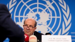 Turkish Cypriot President Ersin Tatar attends a press conference on the day of a meeting to discuss the future of stalled peace talks over the divided island of Cyprus at the U.N., Geneva, Switzerland, March 18, 2025. (AFP Photo)