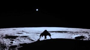 This handout photograph taken and released by Firefly Aerospace on March 2, 2025, shows the Firefly's Blue Ghost lander's shadow on the moon's surface during its lunar landing as part of the Ghost Mission 1. (AFP Photo)