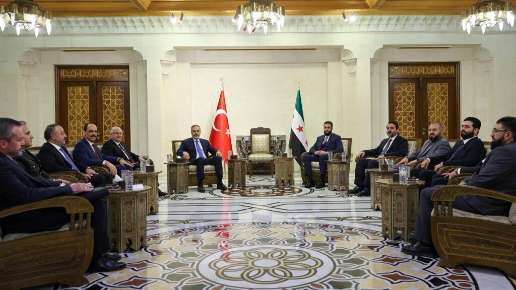 This handout picture released by the Turkish Foreign Ministry press service shows Türkiye’s Foreign Minister Hakan Fidan (C-L) meeting with Syria's interim President Ahmed al-Sharaa in Damascus, Syria, March 13, 2025. (AFP Photo)