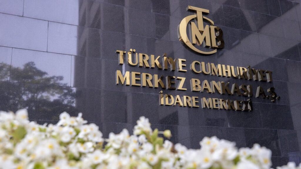 The logo of the Central Bank of the Republic of Türkiye (CBRT) at the entrance of the bank's headquarters in Ankara, Türkiye, July 28, 2022. (AA Photo)
