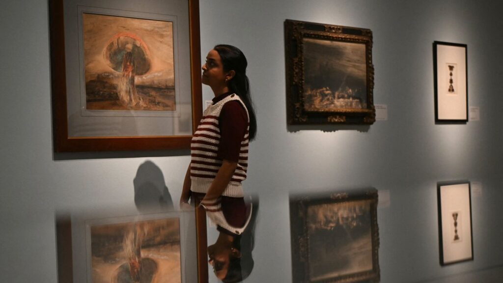 A drawing by French author Victor Hugo, entitled "Mushroom" (L) is pictured during a photocall at the Royal Academy of Arts in London, U.K., March 18, 2025. (AFP Photo)
