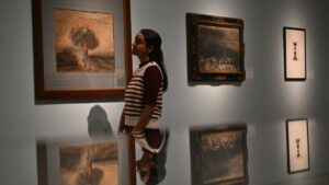 A drawing by French author Victor Hugo, entitled "Mushroom" (L) is pictured during a photocall at the Royal Academy of Arts in London, U.K., March 18, 2025. (AFP Photo)
