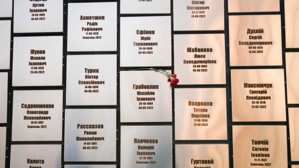 The Wall of Remembrance memorial in the churchyard of St. Andrew's Church in Bucha, Ukraine, March 6, 2025. (AFP Photo)