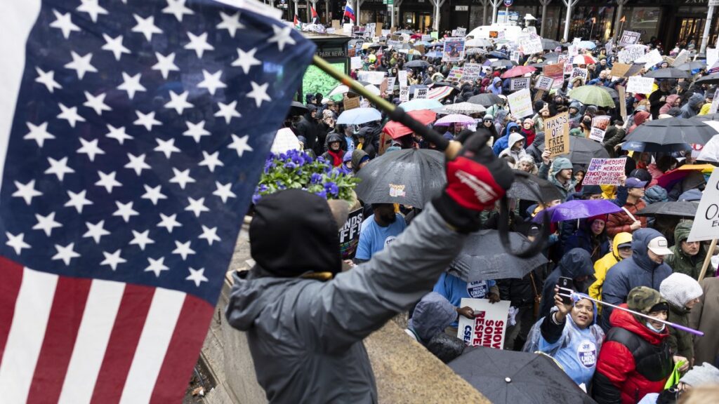 People march along 42nd Street during a protest against Donald Trump and his administration's policies, New York, U.S., April 5, 2025. (EPA Photo)