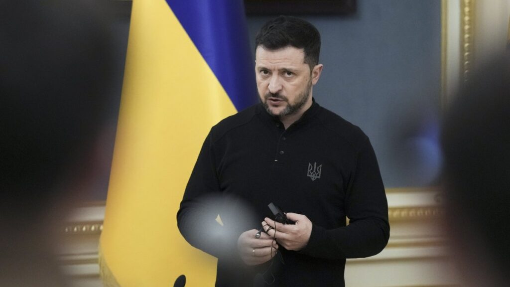 Ukrainian President Volodymyr Zelenskyy addresses a press conference in Kyiv, Ukraine, April 4, 2025.  (EPA Photo)