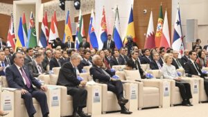 (L-R) Presidents of Tajikistan Emomali Rahmon, Kazakhstan Kassym-Jomart Kemeluly Tokayev, European Council Antonio Costa, European Commission Ursula von der Leyen and Turkmenistan Serdar Berdimuhamedow attend the opening session of the International Climate Forum, Samarkand, Uzbekistan, April 4, 2025. (Tajikistan Presidential Press Service Handout via EPA Photo)