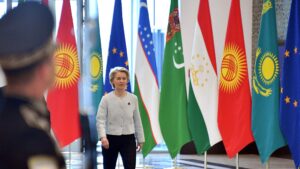 European Commission President Ursula von der Leyen enters a hall to attend a meeting during the EU-Central Asia summit, Samarkand, Uzbekistan, April 4, 2025. (AFP Photo)