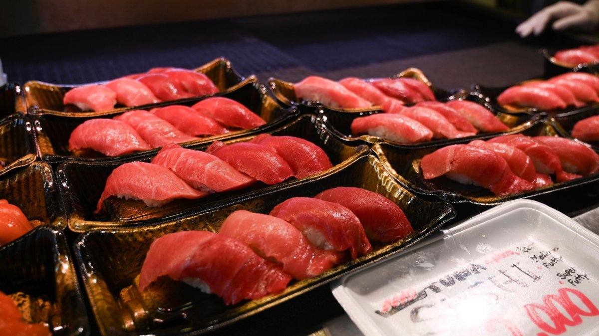 A display offers tuna sushi for sale at a market, Tokyo, Japan, April 10, 2025. (AP Photo)