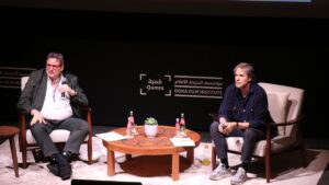 Walter Salles (R) speaks during the 11th edition of the Doha Film Institute’s Qumra event, Doha, Qatar, April 4, 2025. (AA Photo)