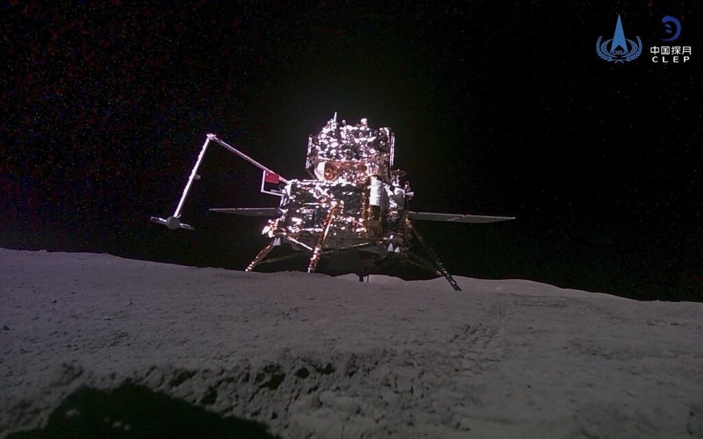 This China National Space Administration (CNSA) handout image released by Xinhua News Agency shows the lander-ascender combination of the Chang'e-6 probe taken by a mini rover after it landed on the moon surface, June 4, 2024. (AP Photo)