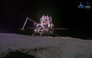 This China National Space Administration (CNSA) handout image released by Xinhua News Agency shows the lander-ascender combination of the Chang'e-6 probe taken by a mini rover after it landed on the moon surface, June 4, 2024. (AP Photo)
