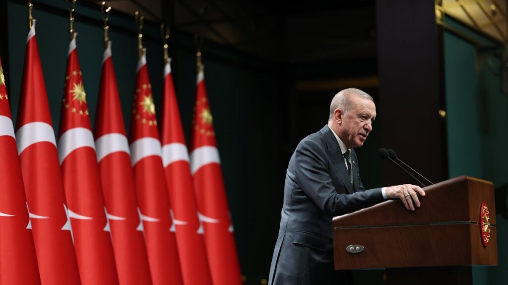 President Recep Tayyip Erdoğan talks to reporters after a Cabinet meeting in the capital, Ankara, Türkiye, April 15, 2025. (AA Photo)
