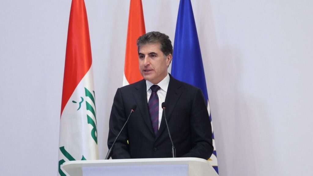 Nechirvan Barzani, the president of Iraq’s Kurdistan Regional Government (KRG), speaks at a forum in Sulaymaniyah, northern Iraq, April 16, 2025. (AA Photo)
