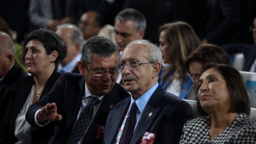 Republican People's Party (CHP) Manisa deputy Özgür Özel (L) and CHP Chairperson Kemal Kılıçdaroğlu (C), who are competing for the party leadership, speak at a party congress, Ankara, Türkiye, Nov. 4, 2023. (Getty Images Photo)