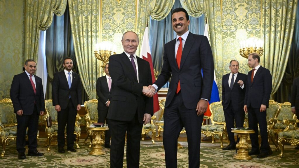 Russian President Vladimir Putin (L) shakes hands with Qatar's Emir Sheikh Tamim bin Hamad Al Thani during their meeting at the Kremlin in Moscow, Russia, April 17, 2025. (EPA Photo)