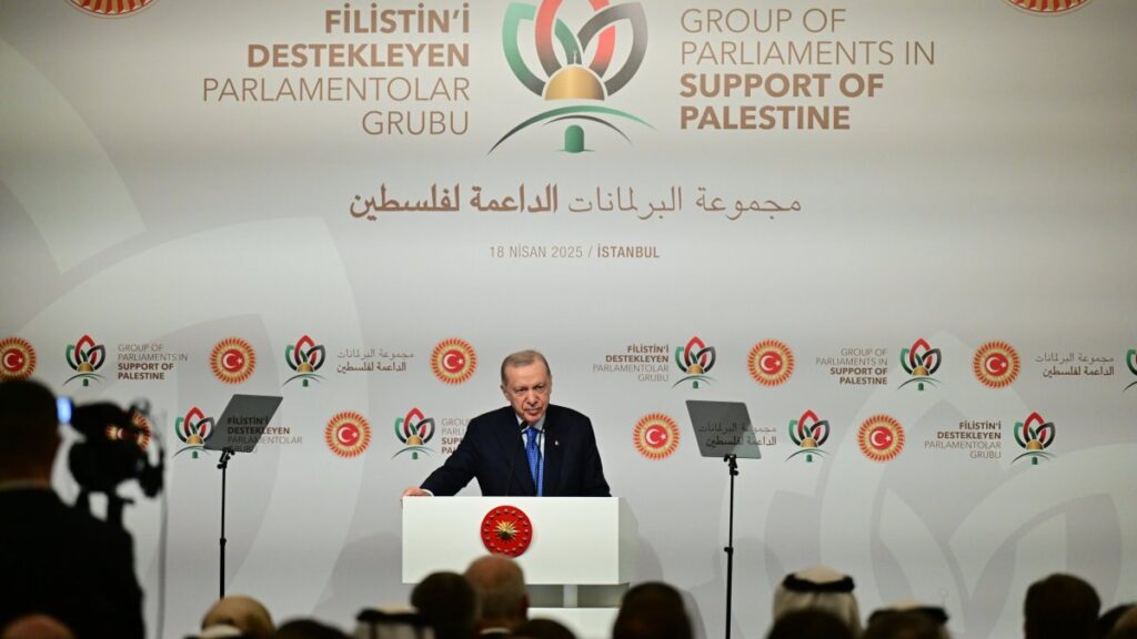 President Recep Tayyip Erdoğan is seen speaking to parliamentarian groups supporting Palestine, Istanbul, Türkiye, April 18, 2025 (AA Photo)