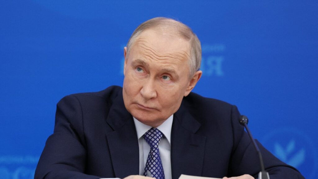 Russia's President Vladimir Putin attends a meeting with heads of municipal entities in Moscow, Russia, April 21, 2025. (Sputnik/Vyacheslav Prokofyev/Pool via Reuters)