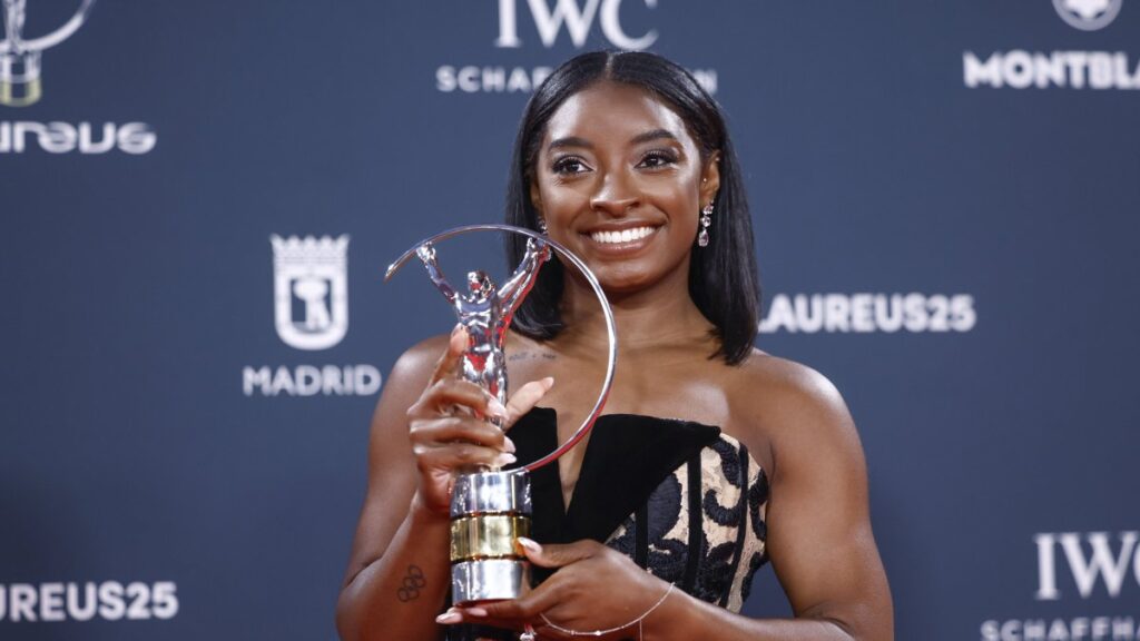 USA's gymnast Simone Biles poses with the World Sportswoman of the Year award during the 2025 Laureus World Sports Awards ceremony, at the Cibeles Palace, Madrid, Spain, April 21, 2025. (EPA Photo)