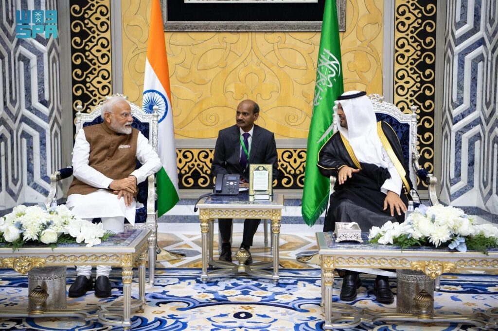 A handout picture provided by Saudi Press Agency (SPA) shows Indian Prime Minister Narendra Modi (L) meeting with Mecca Deputy Governor Crown Prince Saud bin Abdulaziz Al Saud upon his arrival, Jeddah, Saudi Arabia, April 22, 2025. (AFP Photo)