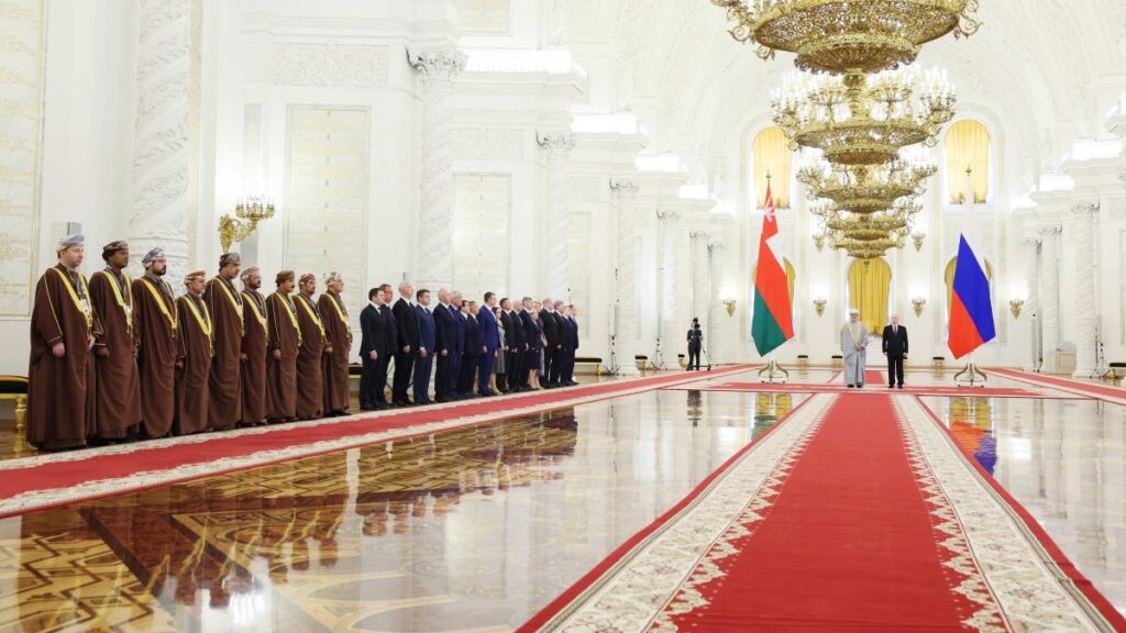 Members of the delegations, led by Russia's President Vladimir Putin and Oman's Sultan Haitham bin Tariq al-Said, attend a meeting at the Kremlin in Moscow, Russia, April 22, 2025. (Sputnik/Sergei Savostyanov/Pool via Reuters)