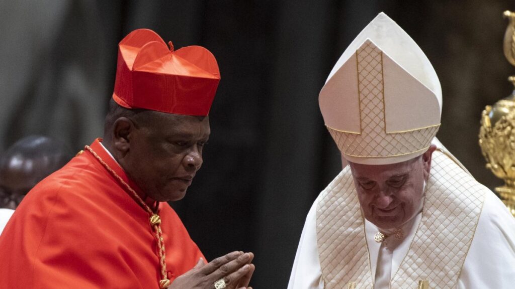Pope Francis with Archbishop of Kinshasa, Fridolin Ambongo Besungu, during the ordinary public Consistory for the creation of new Cardinals in Saint Peters Basilica at the Vatican, Oct. 5, 2019. (EPA Photo)