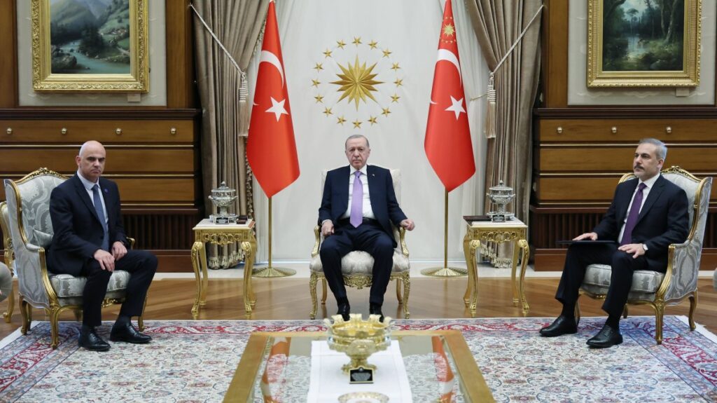 President Recep Tayyip Erdoğan (center), Foreign Minister Hakan Fidan, CoE President Alain Berset attend meeting at the Presidential Complex in Ankara, April 22, 2025. (AA Photo)