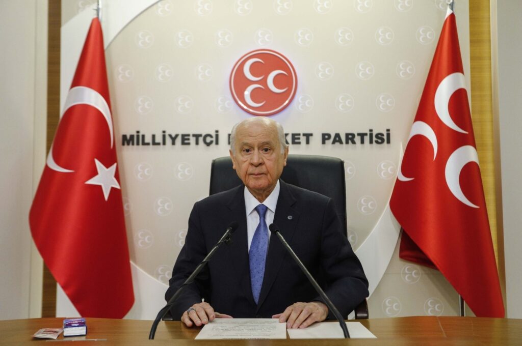 Nationalist Movement Party Chairman Devlet Bahçeli speaks to reporters at a news conference at the party's headquarters in the capital Ankara, Jan. 13, 2020. (DHA File Photo)