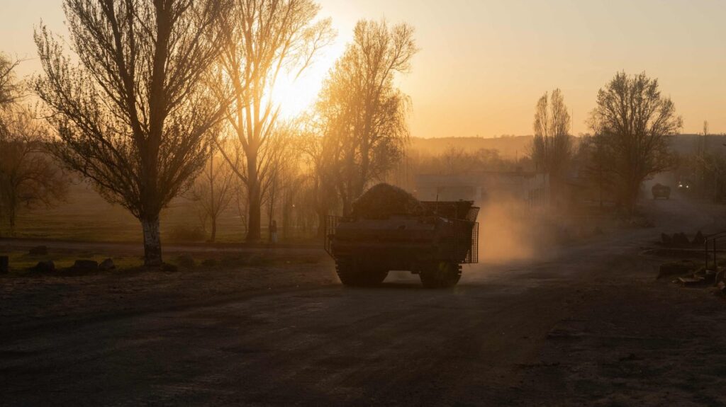 An armored Ukrainian military vehicle drives on a road in a village not far from the frontline in the Dnipropetrovsk region, April 19, 2025. (AFP Photo)