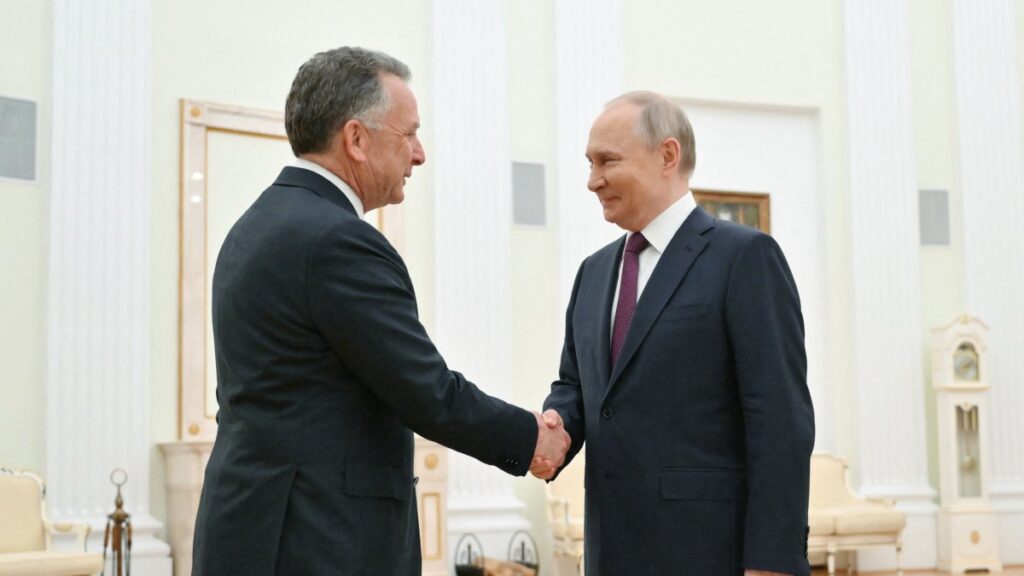 Russian President Vladimir Putin welcomes U.S. President Donald Trump's envoy Steve Witkoff during a meeting in Moscow, Russia, April 25, 2025. (Sputnik via Reuters)