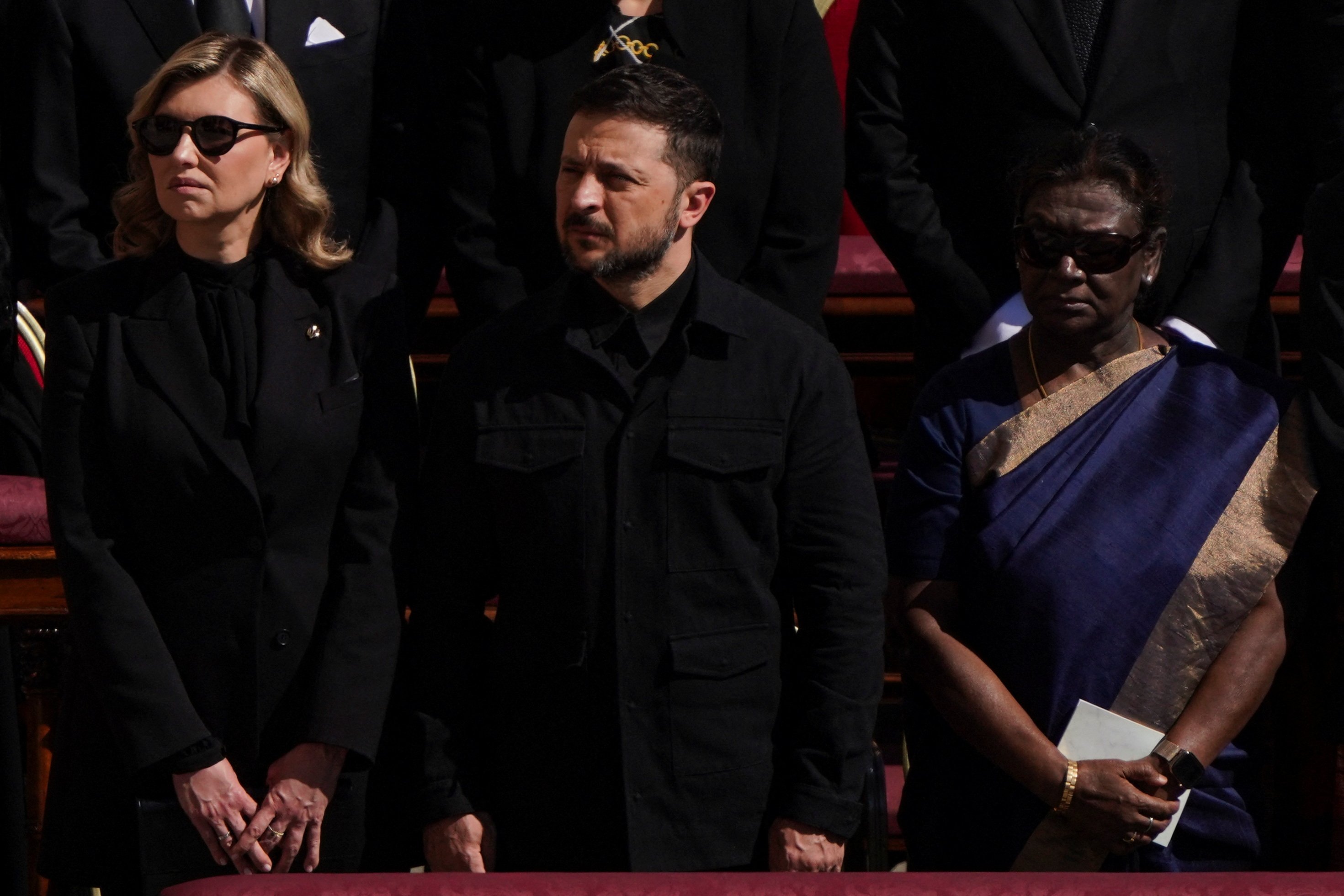 379492 Ukraine's President Volodymyr Zelenskyy and first lady Olena Zelenska attend the funeral Mass of Pope Francis in St. Peter's Square at the Vatican, April 26, 2025.(Reuters Photo)
