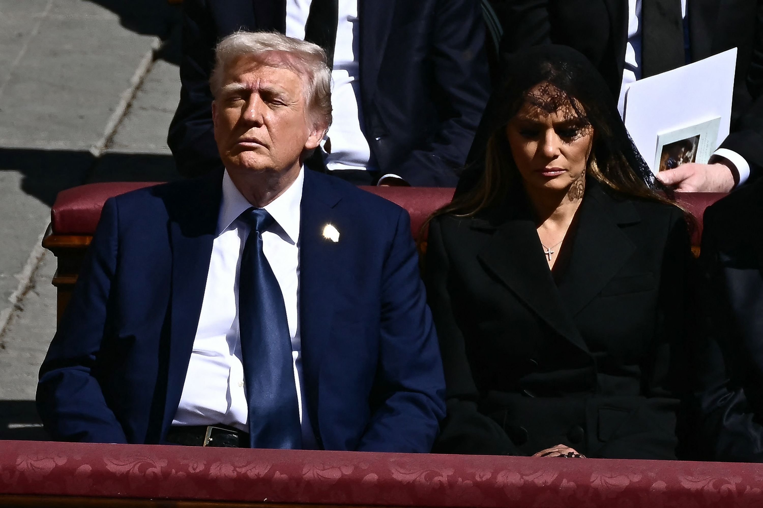 379499 U.S. President Donald Trump (L) and First Lady Melania Trump sit alongside leaders as they attend the late Pope Francis' funeral ceremony at St Peter's Square at the Vatican, April 26, 2025. (AFP Photo)