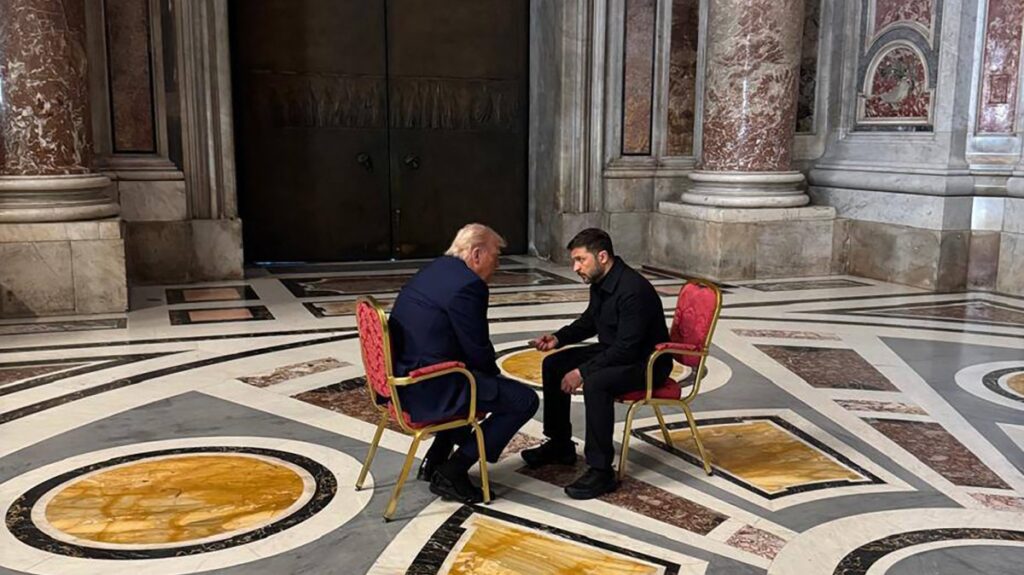 In this handout photograph taken and posted on the official Telegram channel of Ukraine's Head of the Office of the President Andriy Yermak, Ukraine's President Volodymyr Zelenskyy (R) meets with U.S. President Donald Trump (L) on the sidelines of Pope Francis's funeral at St. Peter's Basilica at the Vatican, April 26, 2025. (AFP Photo)
