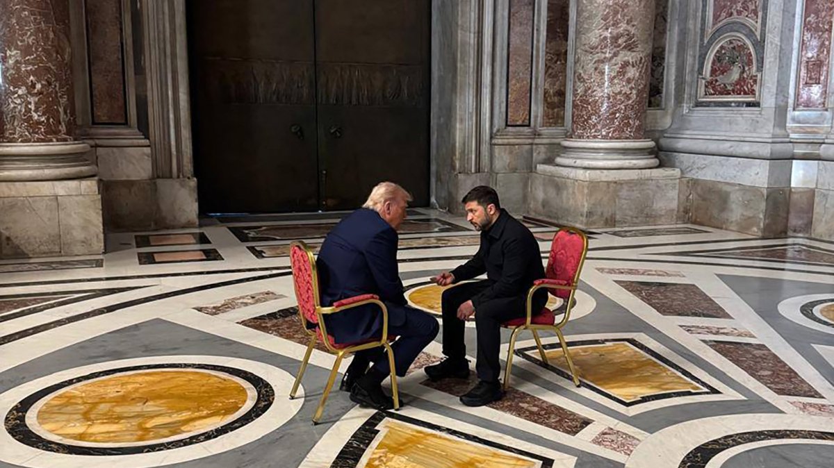 In this handout photograph taken and posted on the official Telegram channel of Ukraine's Head of the Office of the President Andriy Yermak, Ukraine's President Volodymyr Zelenskyy (R) meets with U.S. President Donald Trump (L) on the sidelines of Pope Francis's funeral at St. Peter's Basilica at the Vatican, April 26, 2025. (AFP Photo)