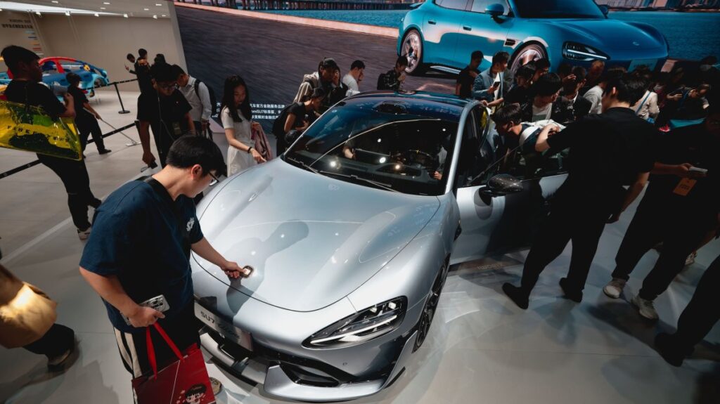 A Xiaomi model SU7 Ultra car is on display at the booth of Chinese technology company Xiaomi during the first public day of the Shanghai Auto show, Shanghai, China, April 25, 2025. (EPA Photo)