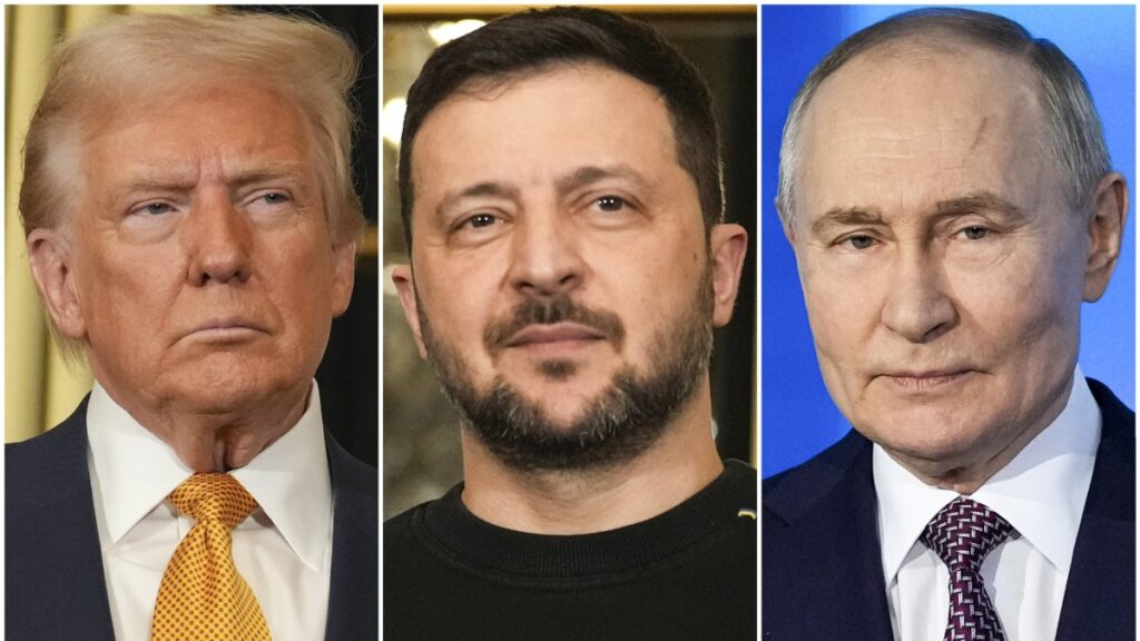 (L-R) This collage shows U.S. President Donald Trump, Ukraine's President Volodymyr Zelenskyy and President Vladimir Putin. (AP Photo)
