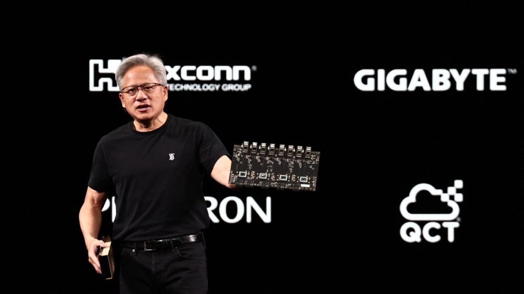 Nvidia CEO Jensen Huang speaks during the Vivatech technology startups and innovation fair, Paris, France, June 11, 2025. (AFP Photo)