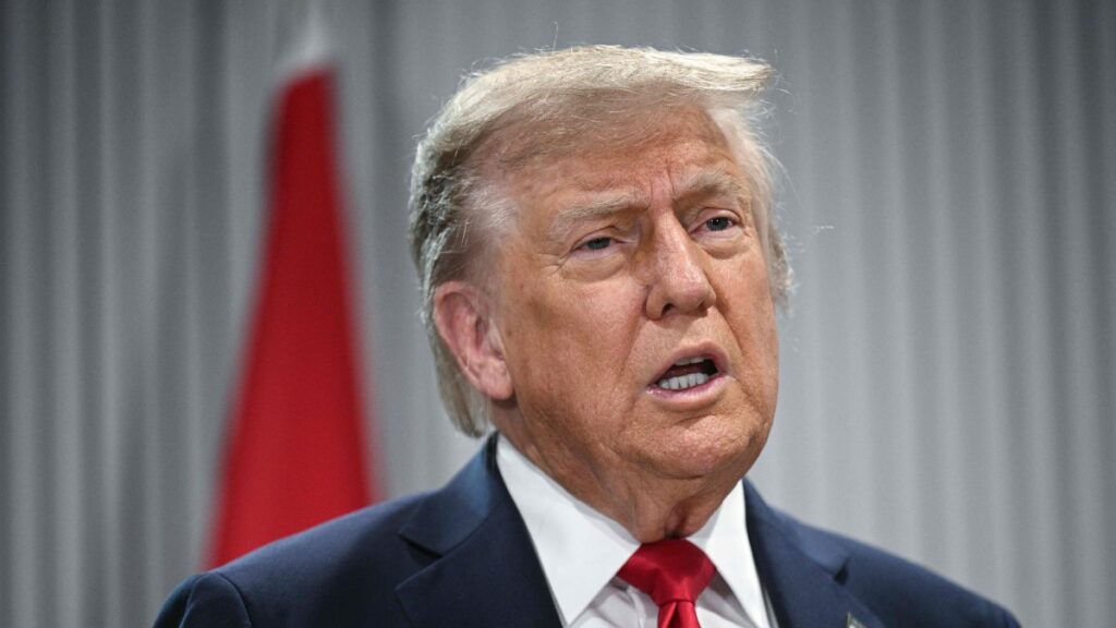 U.S. President Donald Trump speaks to the press as he meets Canadian Prime Minister Mark Carney during the Group of Seven (G7) Summit at the Pomeroy Kananaskis Mountain Lodge in Kananaskis, Alberta, Canada, June 16, 2025.  (AFP Photo)