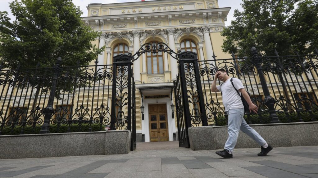 A man walks past the Central Bank of the Russian Federation headquarters, Moscow, Russia, June 6, 2025. (EPA Photo)