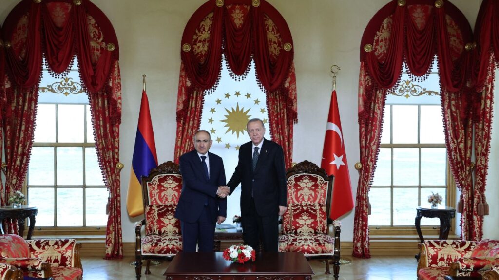President Recep Tayyip Erdoğan and Armenia's Prime Minister Nikol Pashinyan shake hands during their meeting at the Dolmabahçe Presidential office in Istanbul. (Photo by Handout / Turkish Presidency Press Office / AFP)