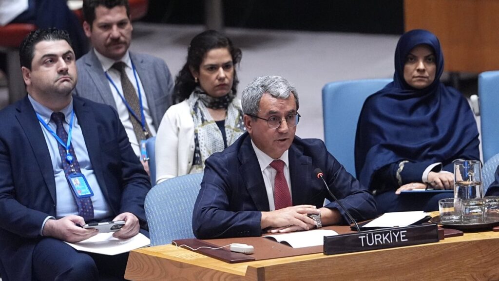 Ambassador Ahmet Yıldız speaks at an emergency session of the U.N. Security Council, June 20, 2025. (AA Photo)