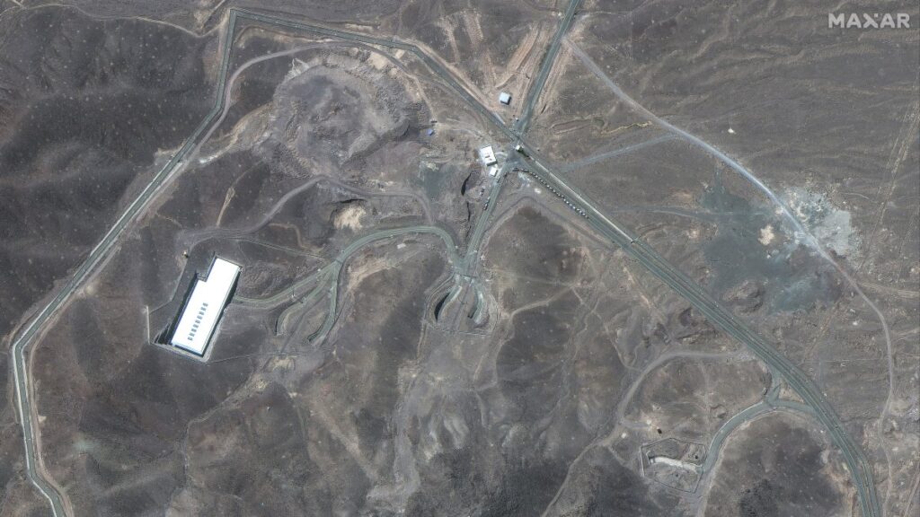 This satellite image shows vehicles at Fordo enrichment facility in Iran, June 19, 2025. (AP Photo)