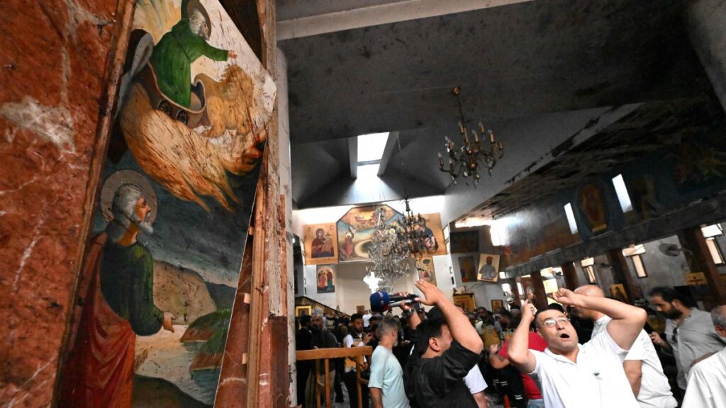 People and rescuers inspect the damage at the site of a reported suicide attack at the Saint Elias church in Damascus' Dwelaa area, Syria, June 22, 2025. (AFP Photo)