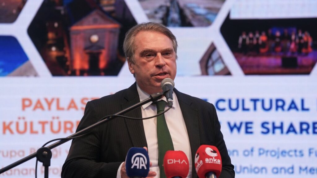 Head of the European Union delegation Ambassador Hans Ossowski speaks at the opening of the "Shared Cultural Legacy" exhibition in the capital Ankara, Türkiye, June 16, 2025. (AA Photo)