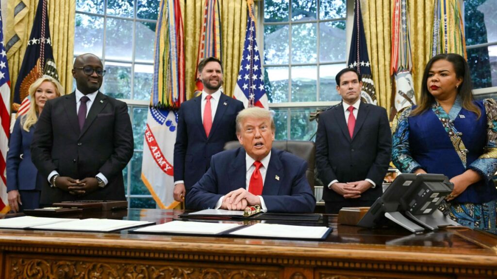 U.S. President Donald Trump speaks during a meeting with Democratic Republic of the Congo Foreign Minister Thérèse Kayikwamba Wagner (R) and Rwandan Foreign Minister Olivier Nduhungirehe (2nd-L) in the Oval Office of the White House in Washington, DC, U.S., June 27, 2025. (AFP Photo)