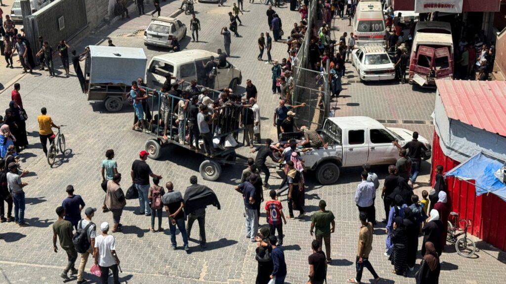 Palestinians carry casualties wounded by Israeli fire while waiting for aid, according to Gaza’s health ministry, at Nasser Hospital in Khan Younis, southern Gaza Strip, June 30, 2025. (Reuters Photo)