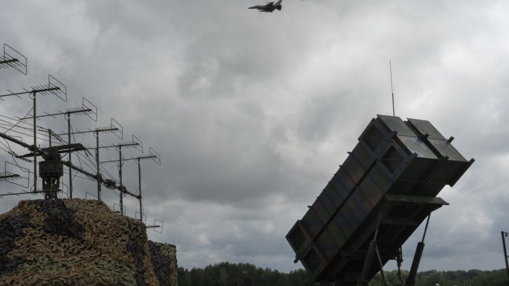The Ukrainian Air Force's F-16 fighter jets fly over a Patriot Air and Missile Defense System in an undisclosed location in Ukraine, Aug. 4, 2024. (AP Photo)