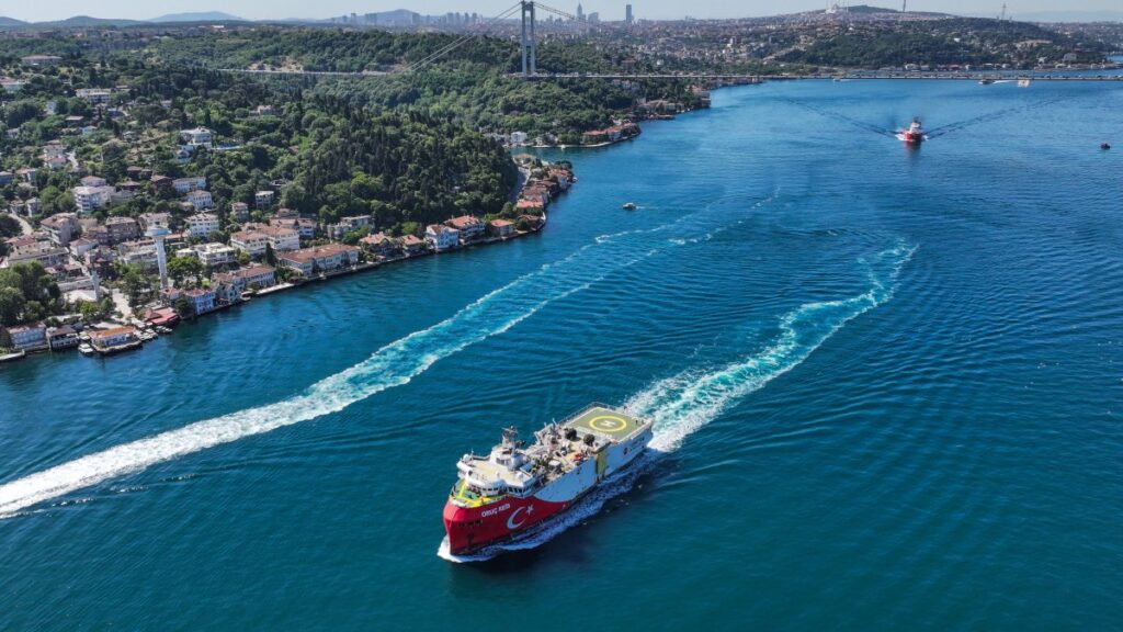 An aerial view of the Oruç Reis vessel as it traverses the sea, Istanbul, Türkiye, July 3, 2025. (AA Photo)