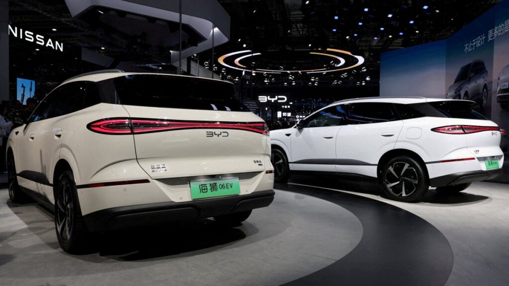 A BYD Sealion 06 electric vehicle (EV) is displayed alongside a BYD Sealion 05 DM-i during a media day for the Auto Shanghai show, Shanghai, China, April 23, 2025. (Reuters Photo)