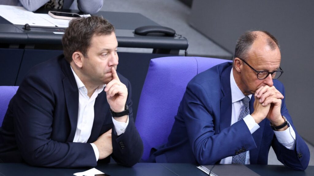 German Chancellor Friedrich Merz (R) sits next to Finance Minister Lars Klingbeil in the plenary hall as the Bundestag, Germany’s lower house of parliament, is set to vote on three judicial appointments to the Federal Constitutional Court, requiring a two-thirds majority, Berlin, Germany, July 11, 2025. (Reuters Photo)